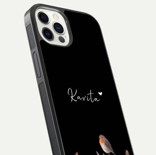 Quiet Garden Tune Custom Name Glass Case for iPhone 12 Pro close-up angled shot showing soft tones and gloss reflection