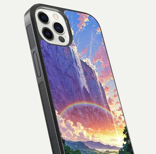 Rainbow Valley Dream Glass Case for iPhone 16 Pro close-up angled shot highlighting gradient tones and HD shine