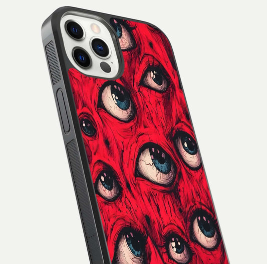 Red Eyes Pattern Glass Case for iPhone 12 Pro close-up angled shot highlighting vivid contrast and HD shine