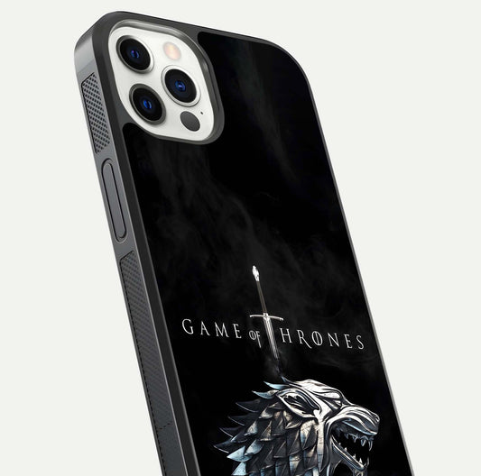 Throne Wolf Legacy Glass Case for iPhone 12 Pro close-up angled shot highlighting fur texture and reflection