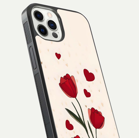 Tulip With Heart Glass Case for iPhone 12 Pro close-up angled shot highlighting petal details and reflection