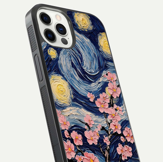 Van Gogh Scenery Glass Case for iPhone 12 Pro close-up angled shot highlighting brushwork texture and color depth