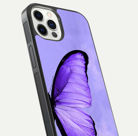 Violet Dream Wing Glass Case for iPhone 12 Pro close-up angled shot highlighting wing texture and reflection