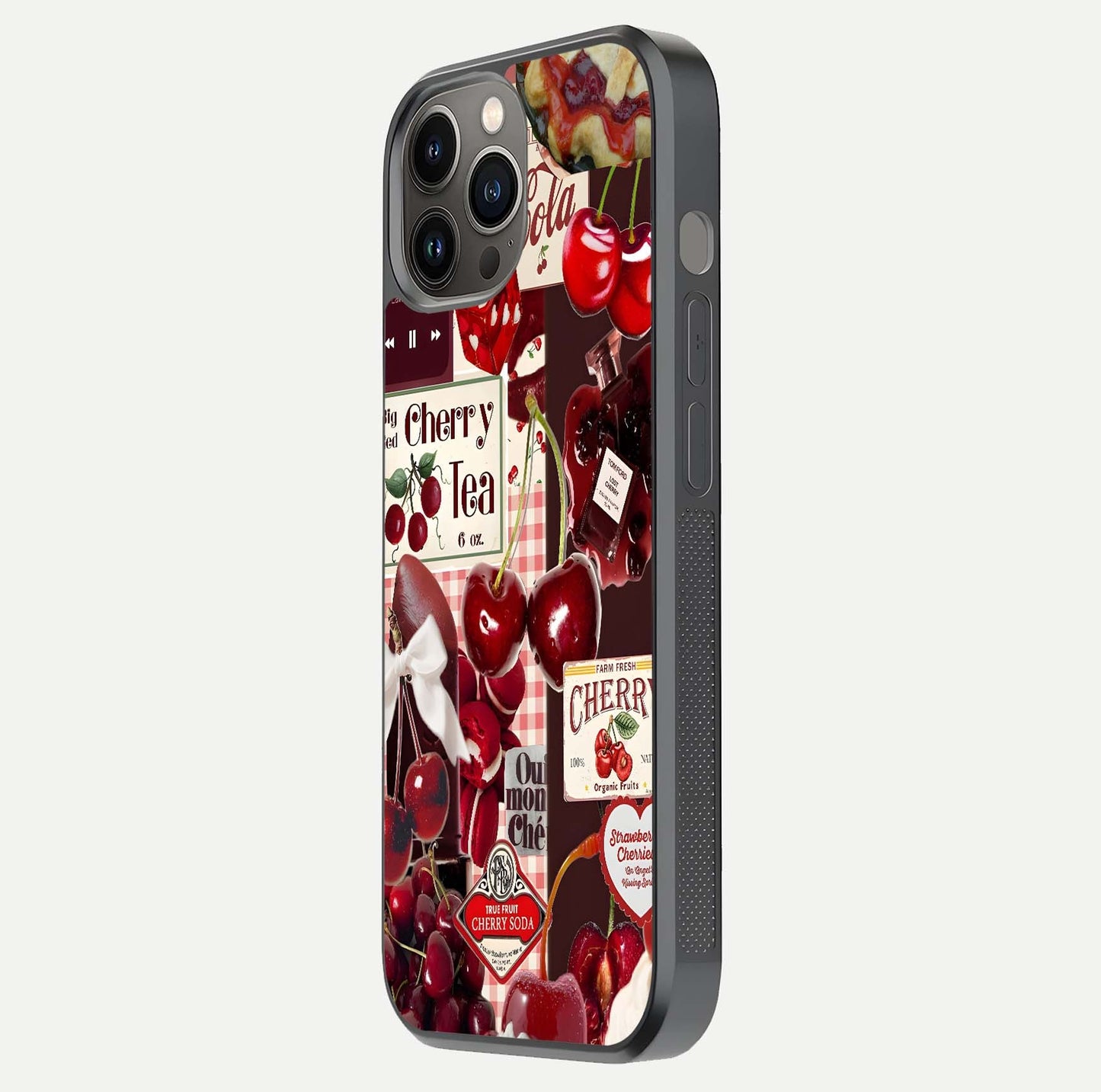 Aesthetic Cherry Tea Glass Case for iPhone 12 Pro Max side-angle image showing cherry collage print, camera module, and glossy finish reflection