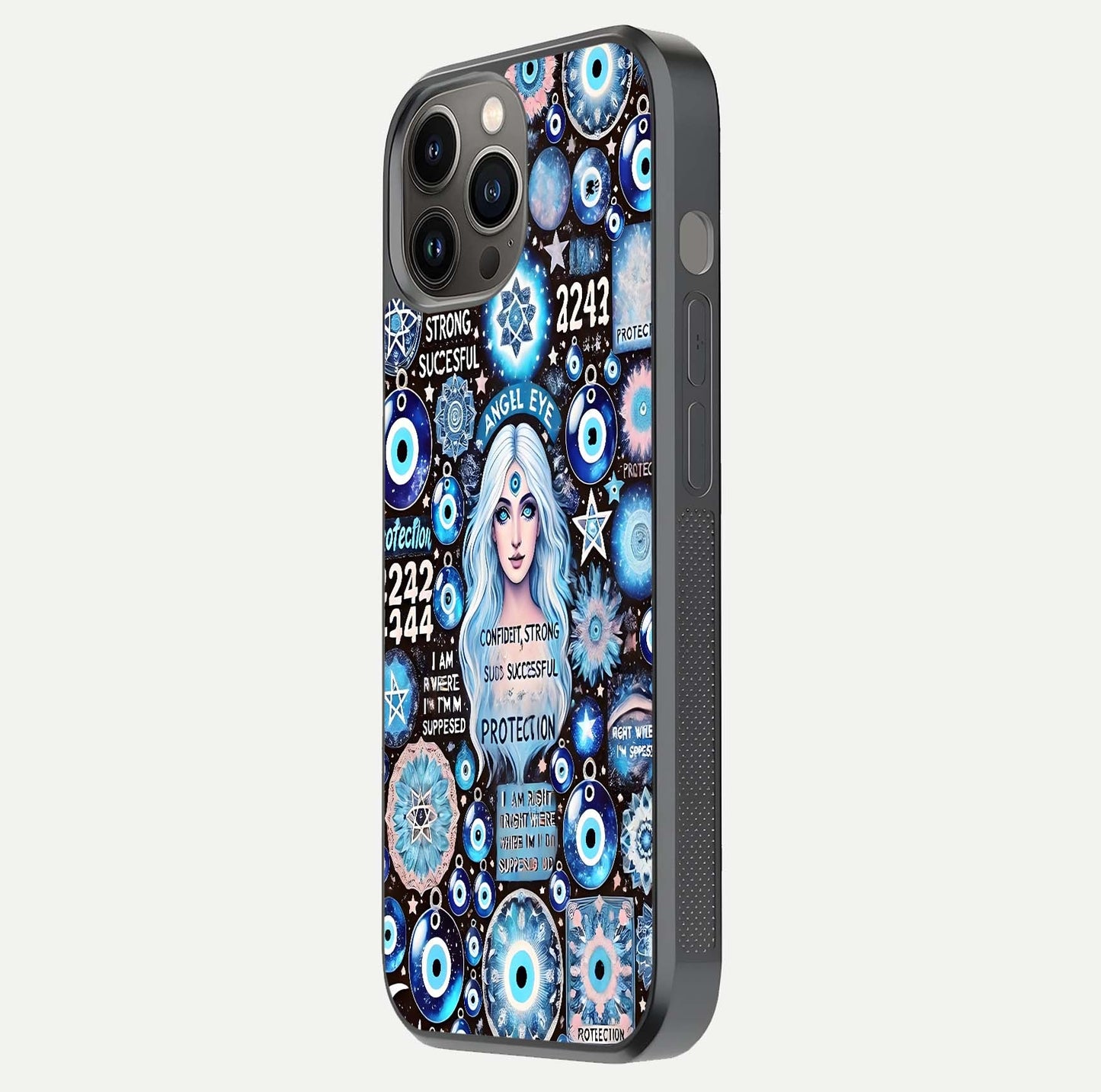 Angel Aura Shield Glass Case for iPhone 12 Pro Max side-angle photo showcasing aura details and glossy surface reflection