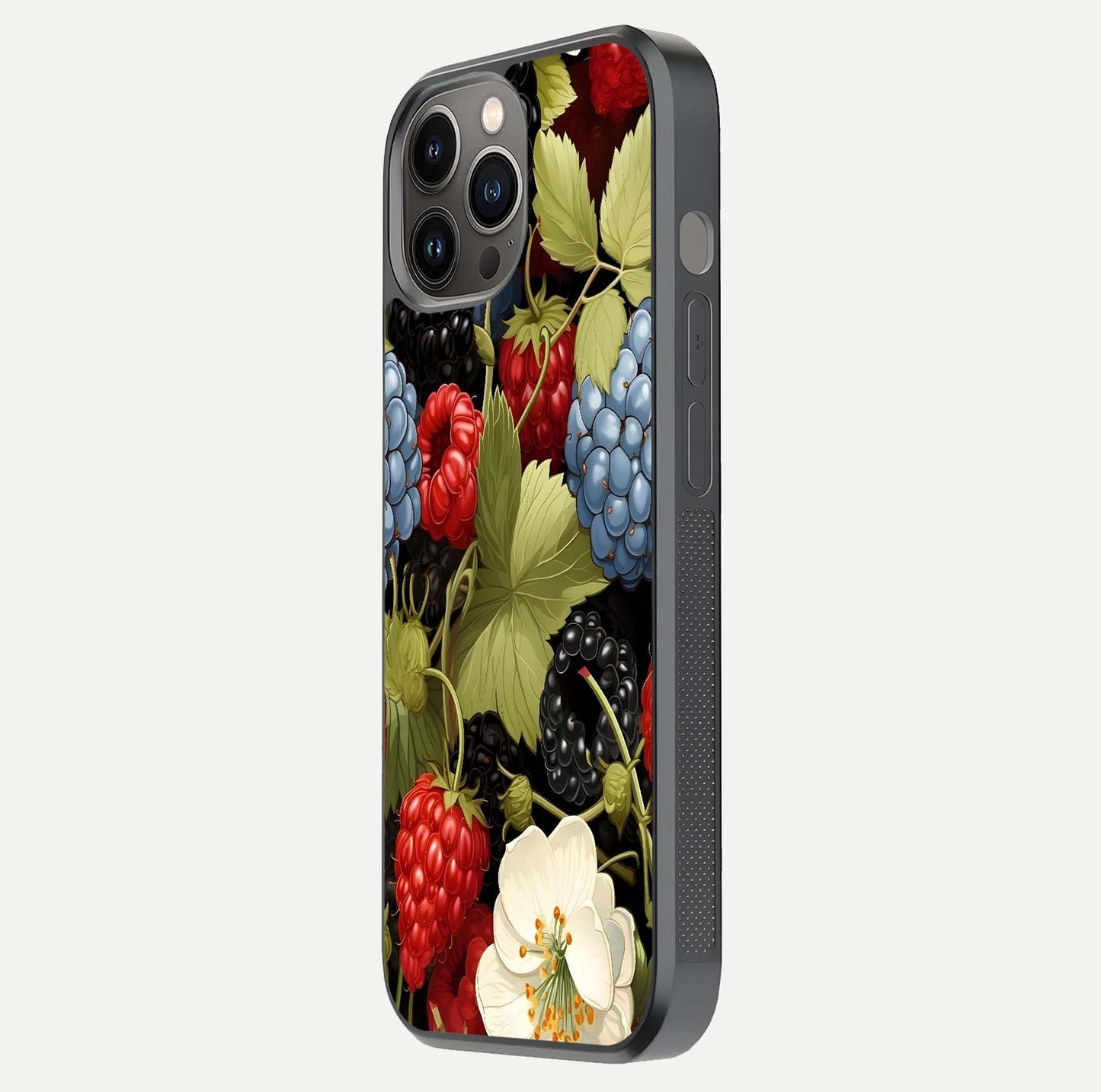 Berry Bloom Charm Glass Case for iPhone 12 Pro Max side-angle image showing floral texture and high-definition print gloss