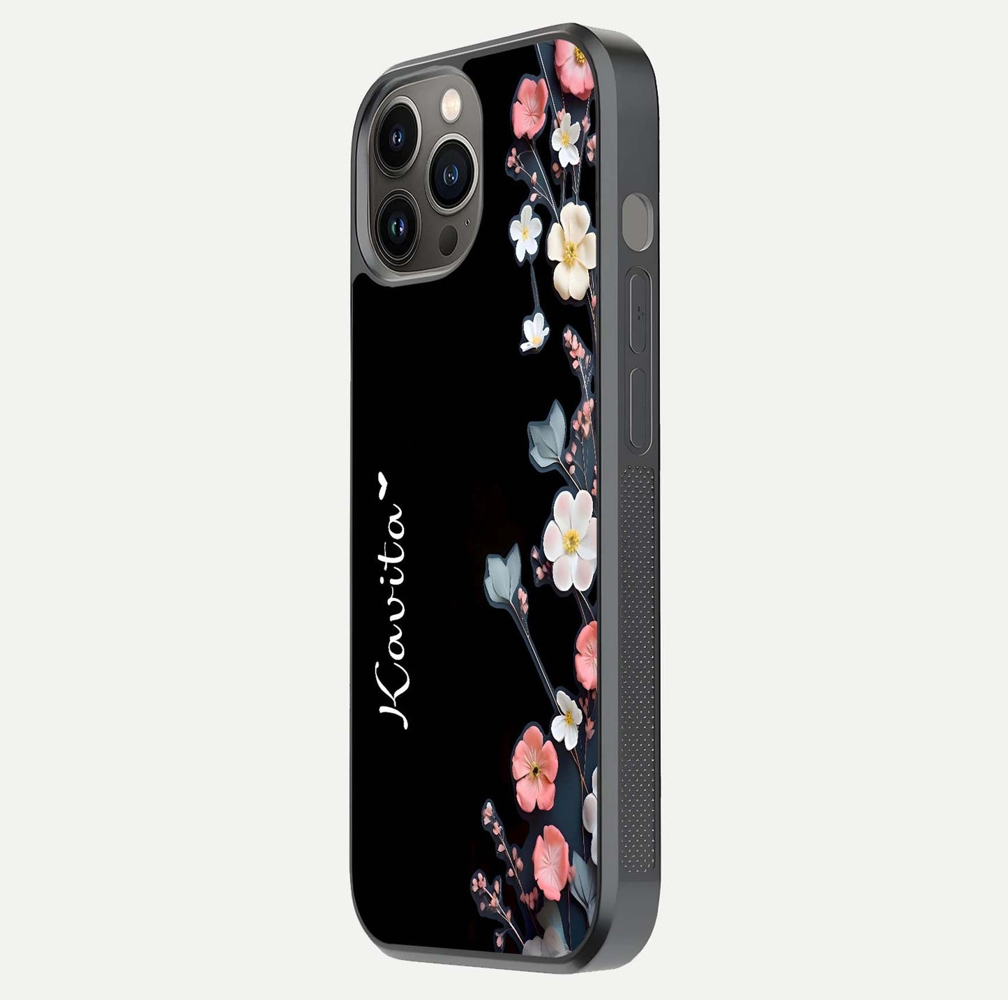 Black Elegance Floral Custom Name Glass Case for iPhone 12 Pro Max side-angle showing black gloss depth and delicate print texture