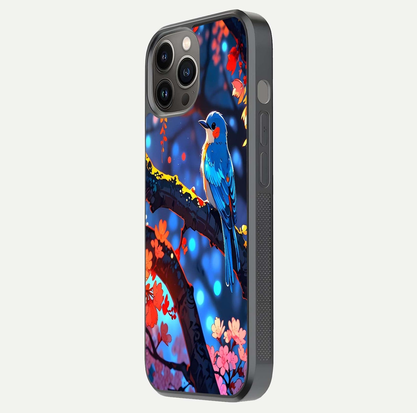 Blooming Spendor Bird Glass Case for iPhone 12 Pro Max side-angle photo showing floral wings and reflection finish