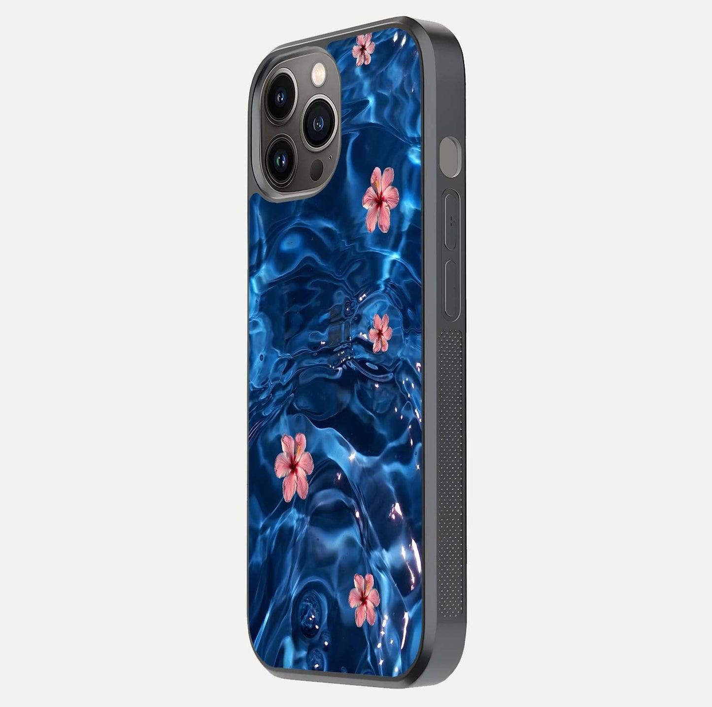 Blooming Water Drift Glass Case for iPhone 12 Pro Max side-angle image showcasing blossom flow, curved corners, and HD glass gloss