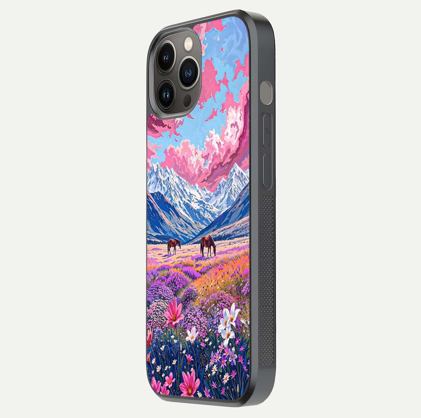 Blossom Valley Dream Glass Case for iPhone 12 Pro Max side-angle shot showcasing bloom tones and gloss texture