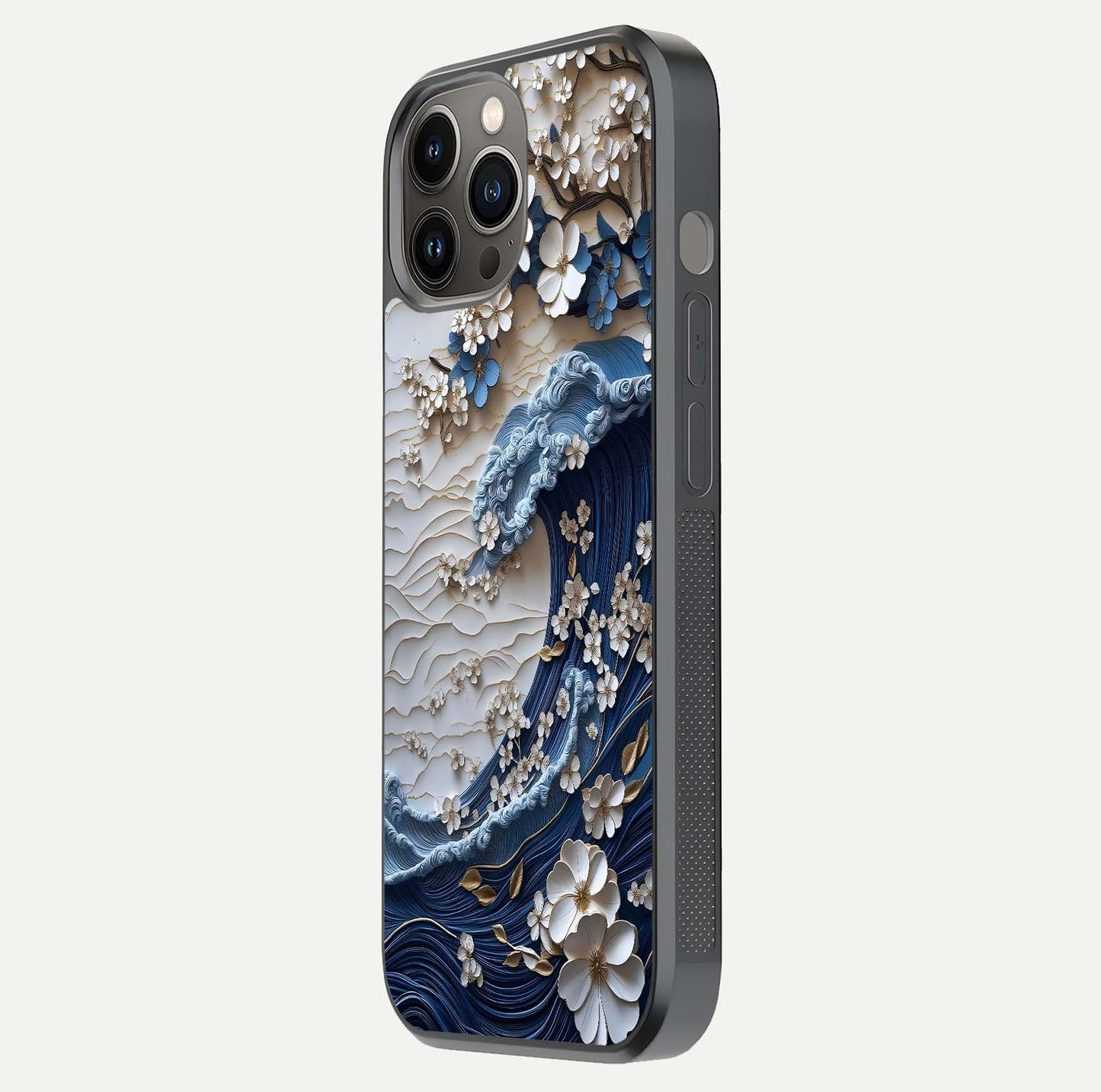 Blossom Wave Art Glass Case for iPhone 12 Pro Max side-angle view showing wave-flow print and gloss edge finish