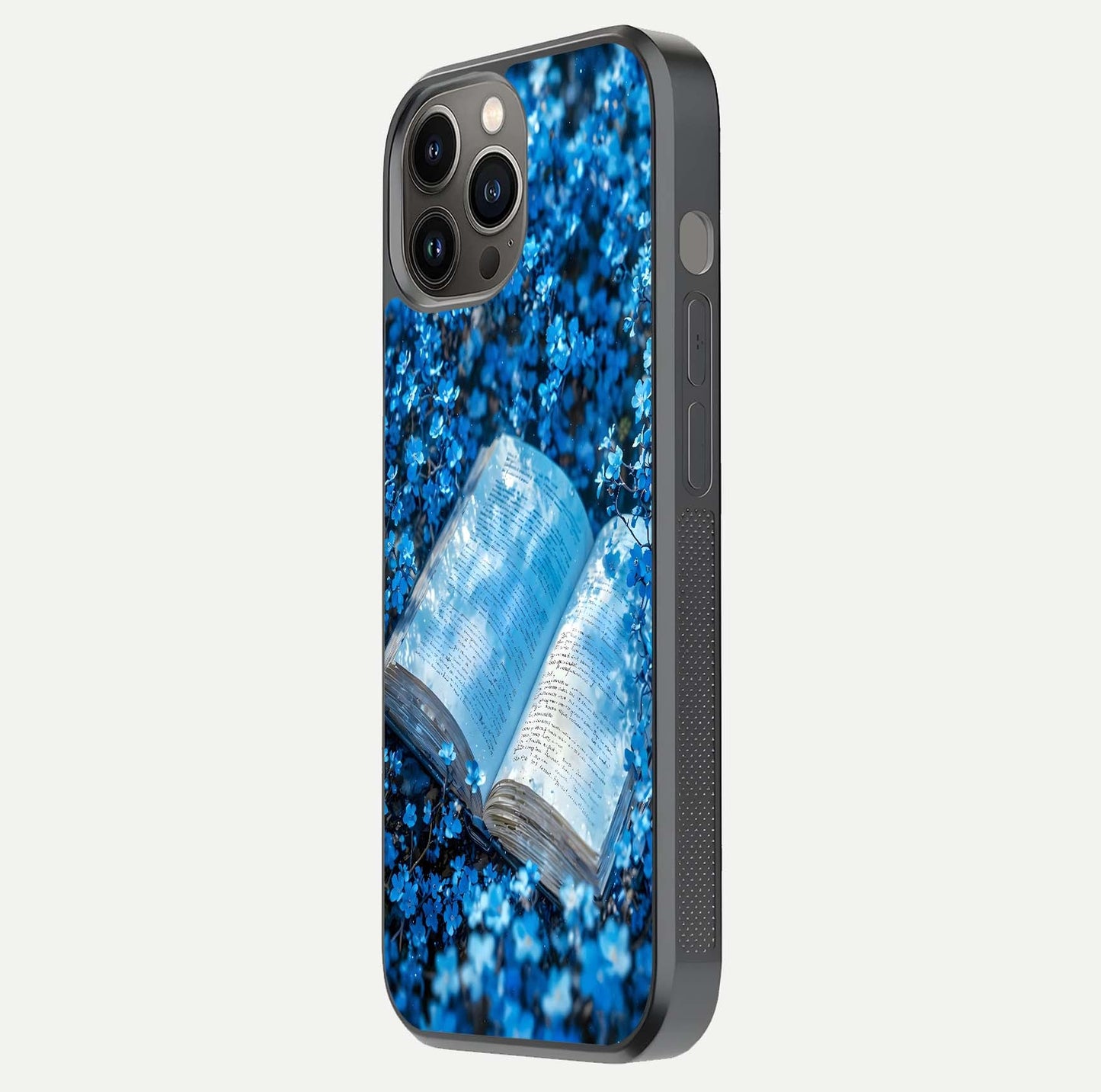 Blue Bloom Tales Glass Case for iPhone 12 Pro Max side-angle image showing blue floral pattern and glossy finish
