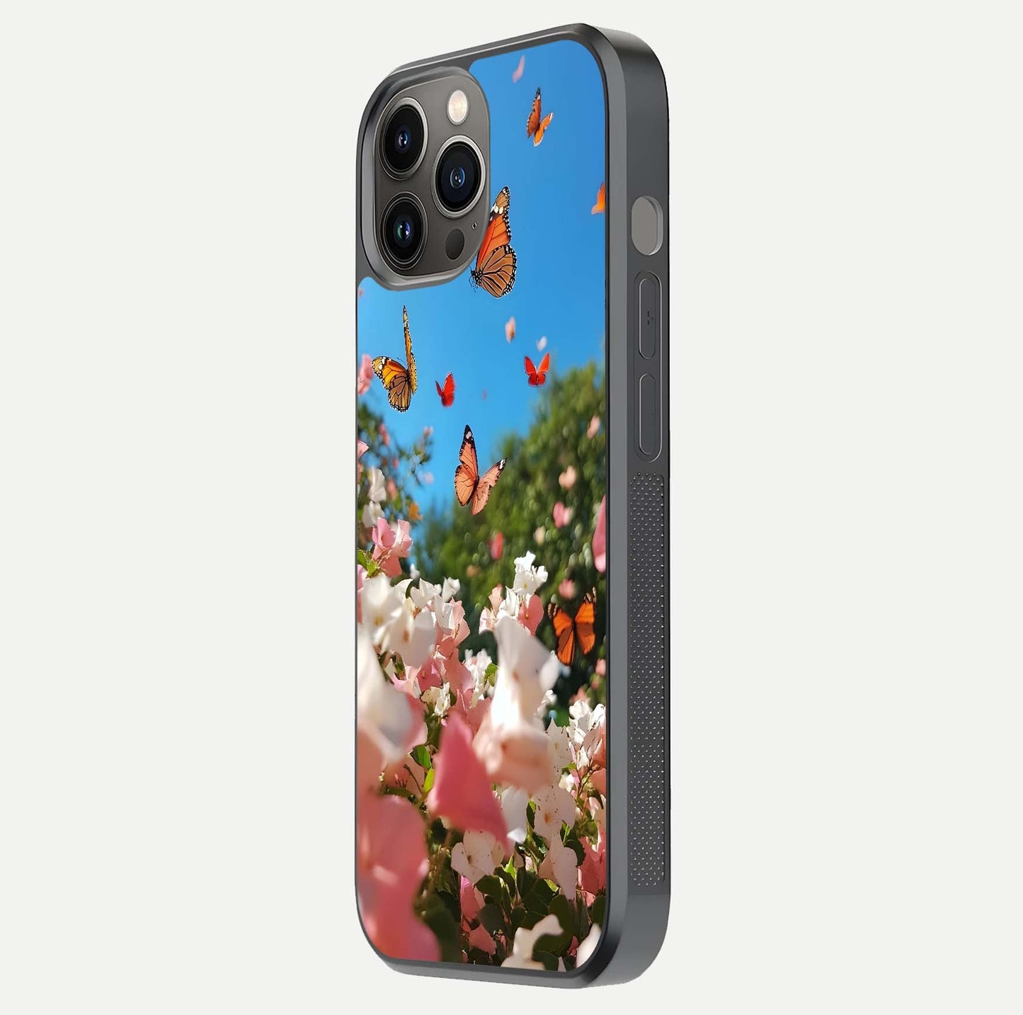Butterflies in Bloom Sky Glass Case for iPhone 12 Pro Max side-angle image showing delicate details and gloss polish