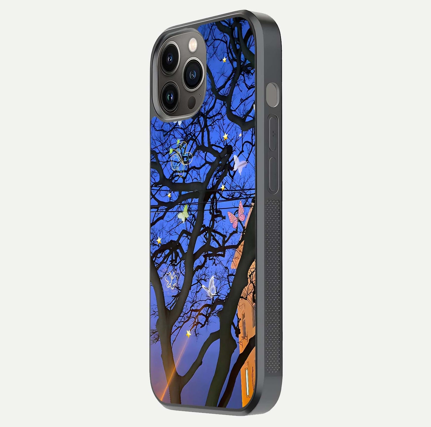 Butterfly Night Magic Glass Case for iPhone 12 Pro Max side-angle view capturing butterfly contrast and glossy depth