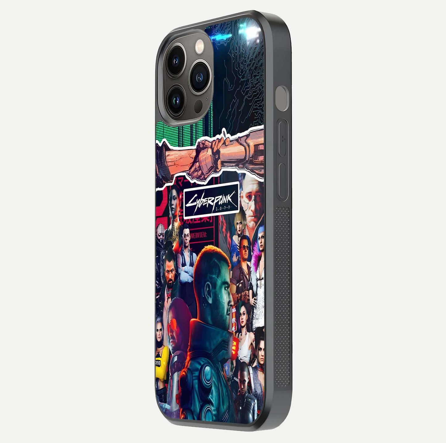 CYBERPUNK Legacy Glass Case for iPhone 12 Pro Max side-angle photo showing edge glow and reflective surface