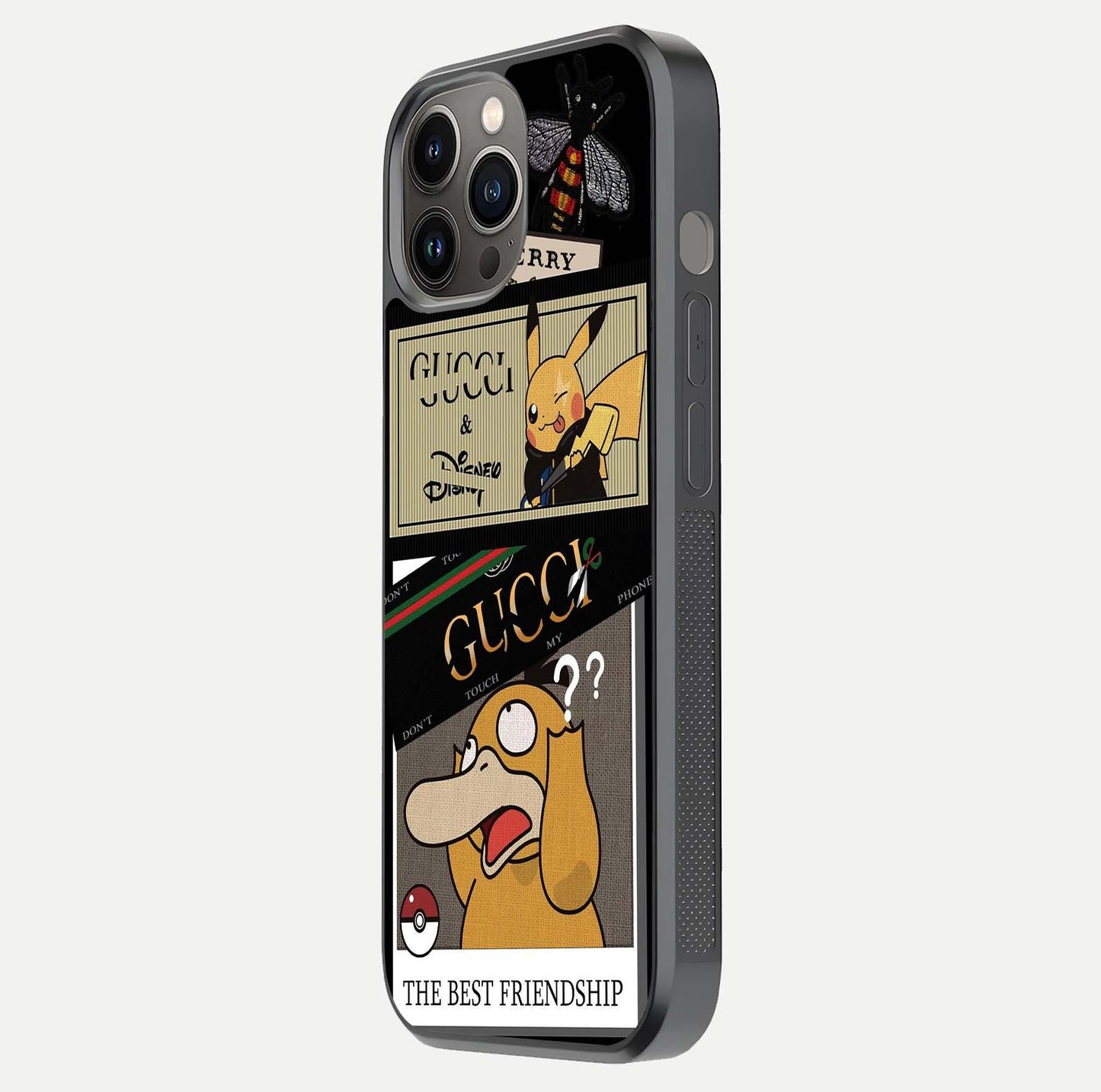 Cartoon Brand Play Mashup Glass Case for iPhone 12 Pro Max side-angle image showing reflection brightness and fun graphic mix