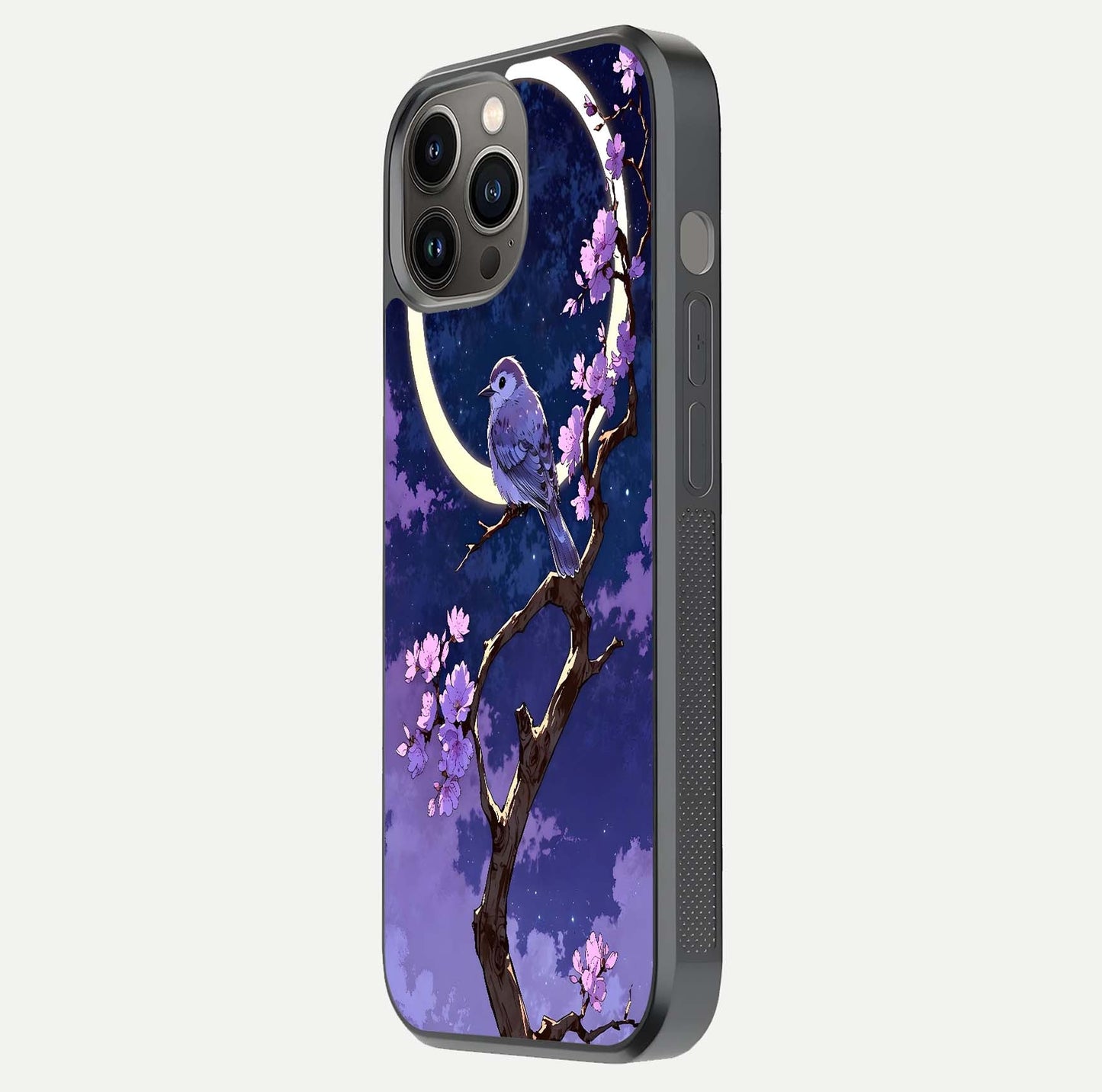 Celestial Bird Blossom Glass Case for iPhone 12 Pro Max side-angle image showing detailed wings and glossy polish
