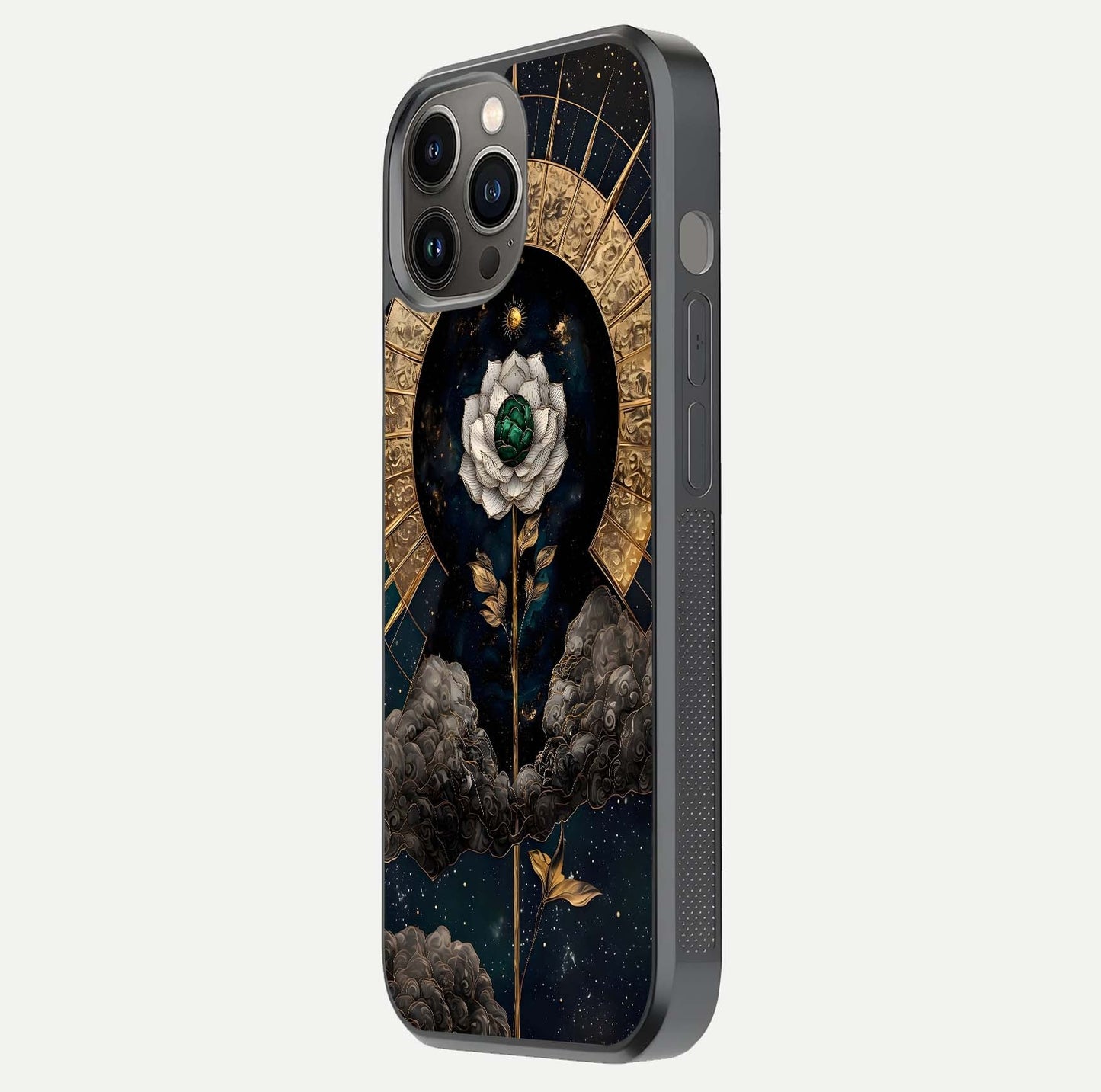 Celestial Lotus Morang Glass Case for iPhone 12 Pro Max side-angle image capturing shine and smooth curvature