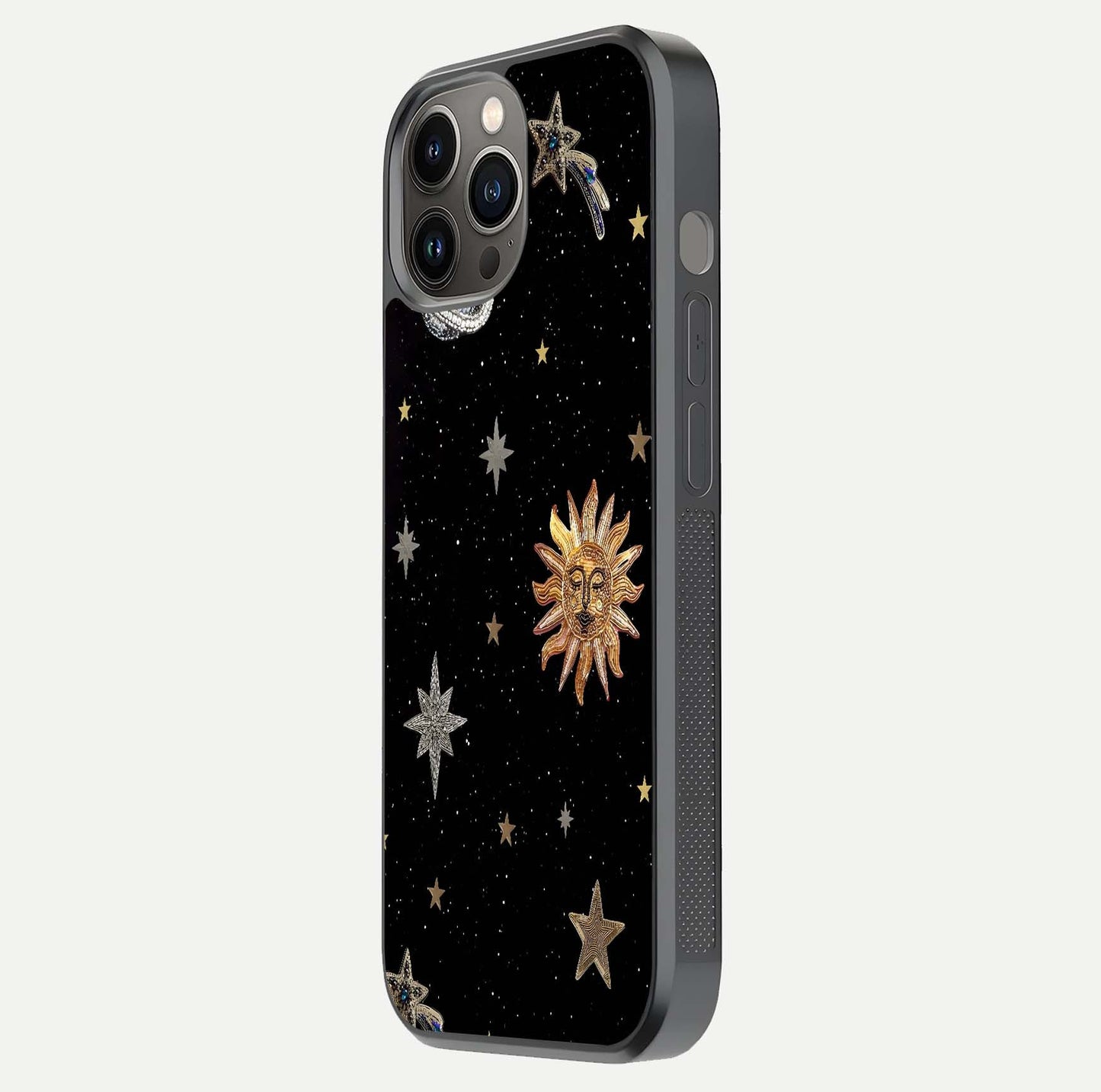 Celestial Moon With Stars Glass Case for iPhone 12 Pro Max side-angle view showing curved edges and shimmer glow