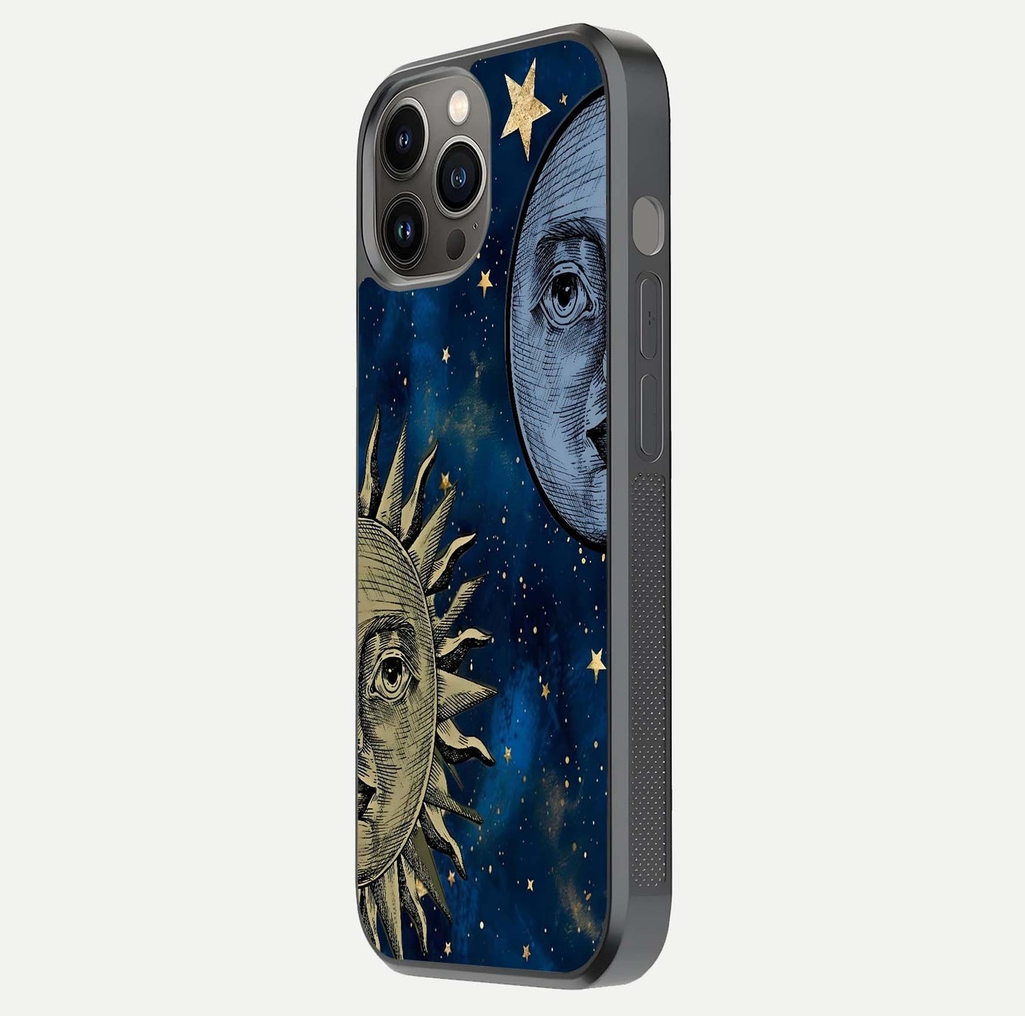 Celestial Moon With Sun Glass Case for iPhone 12 Pro Max side-angle image showing reflection tones and cosmic edge