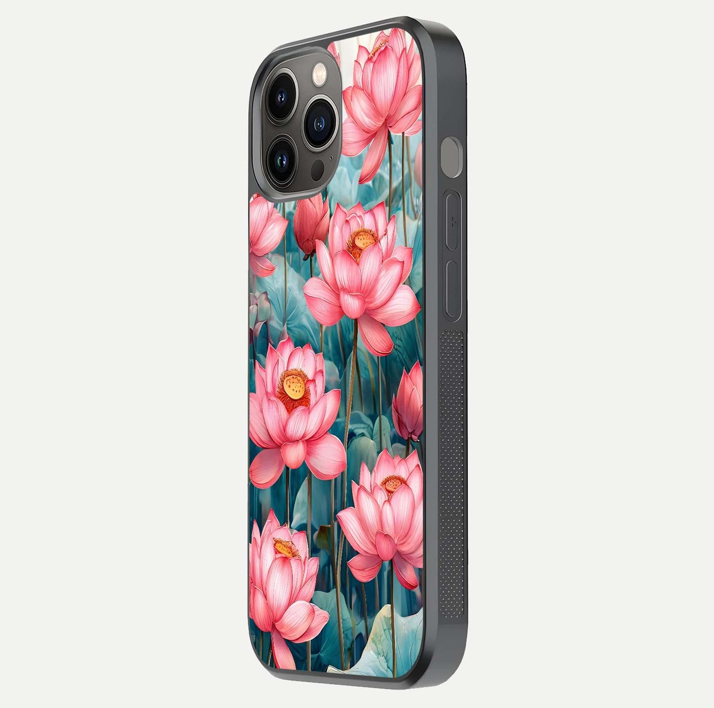 Celestial Pink Lotus Glass Case for iPhone 12 Pro Max side-angle image showing reflective shine and petal curve