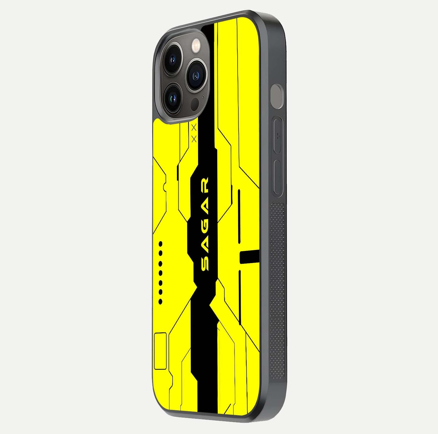 Circuit CYBERPUNK Custom Name Glass Case for iPhone 12 Pro Max side-angle image showing reflective finish and design precision