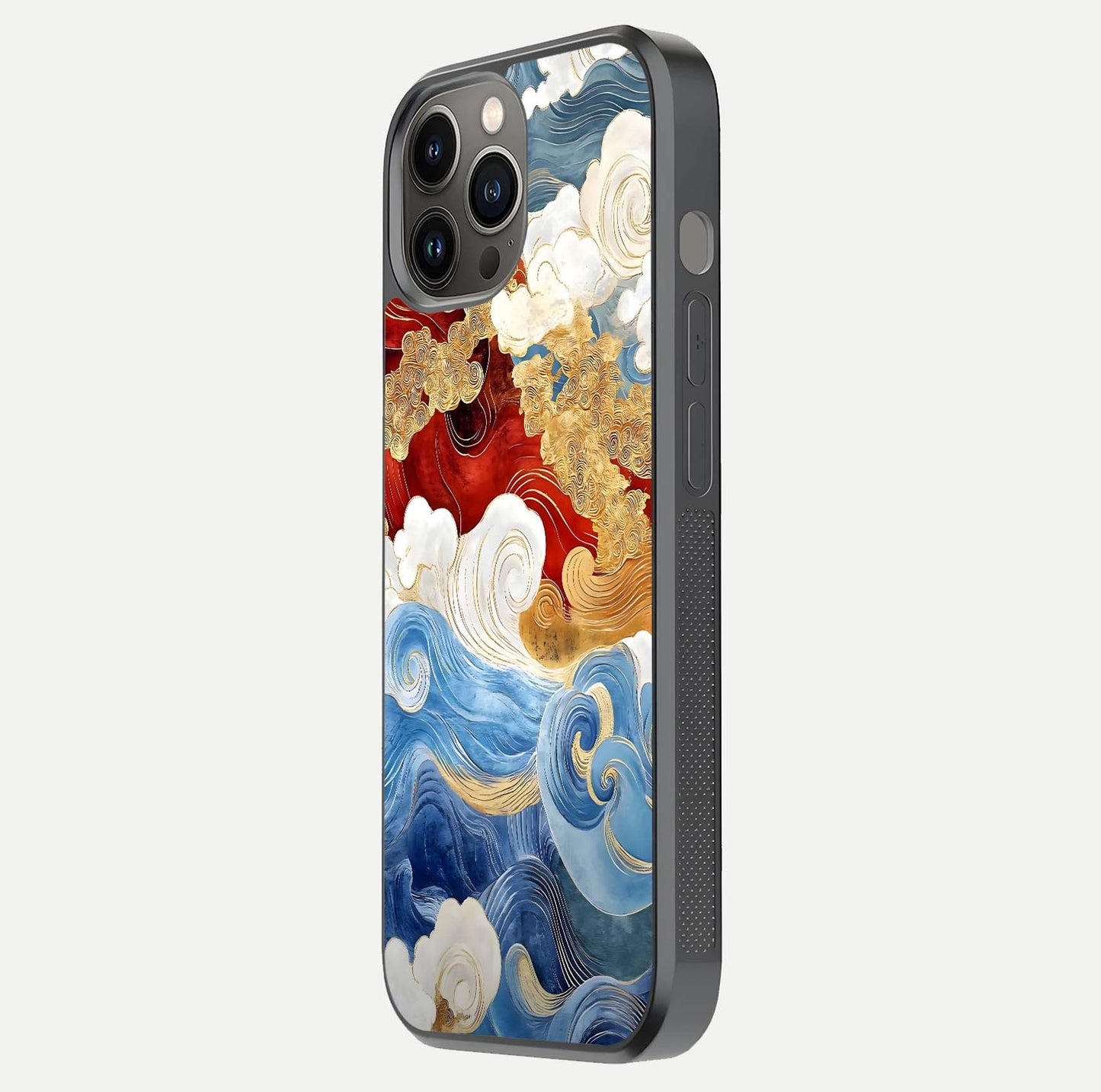 Colored Waves Glass Case for iPhone 12 Pro Max side-angle image showing light reflection, edge design, and shine