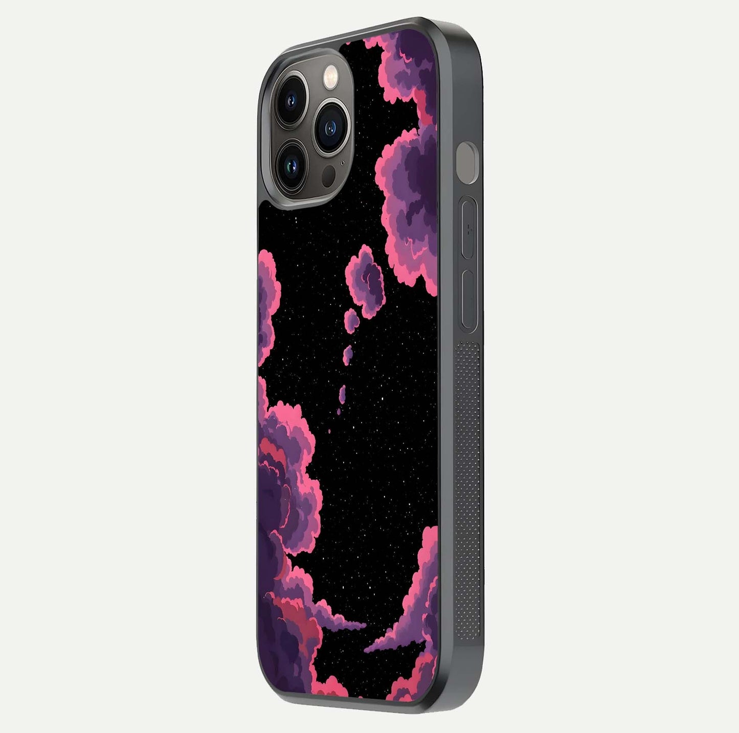 Cosmic Cloud Journey Glass Case for iPhone 12 Pro Max side-angle photo showing glass reflection and smooth tone