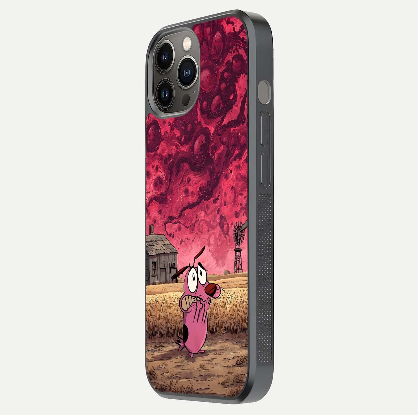 Courage Under Sky Glass Case for iPhone 12 Pro Max side-angle photo showing gloss tone and curve highlight