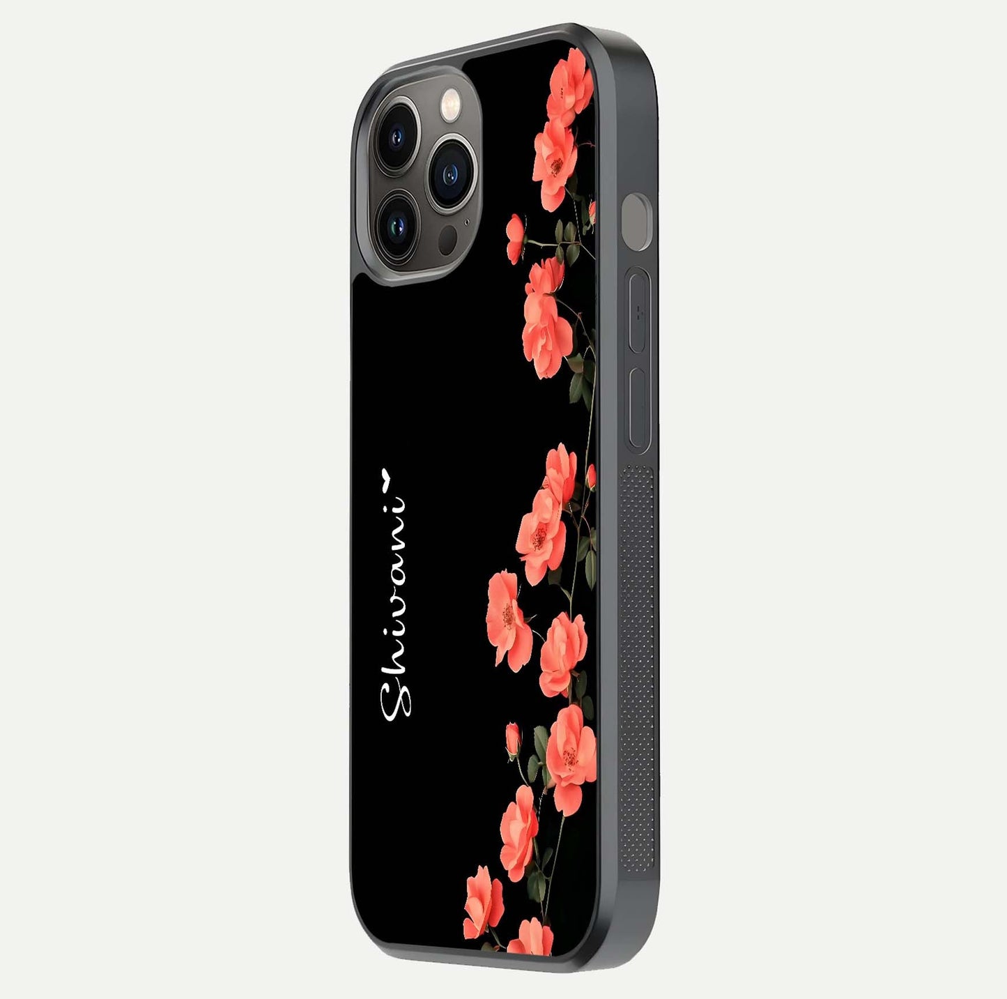 Crimson Bloom Grace Custom Name Glass Case for iPhone 12 Pro Max side-angle photo capturing edge glow and name clarity