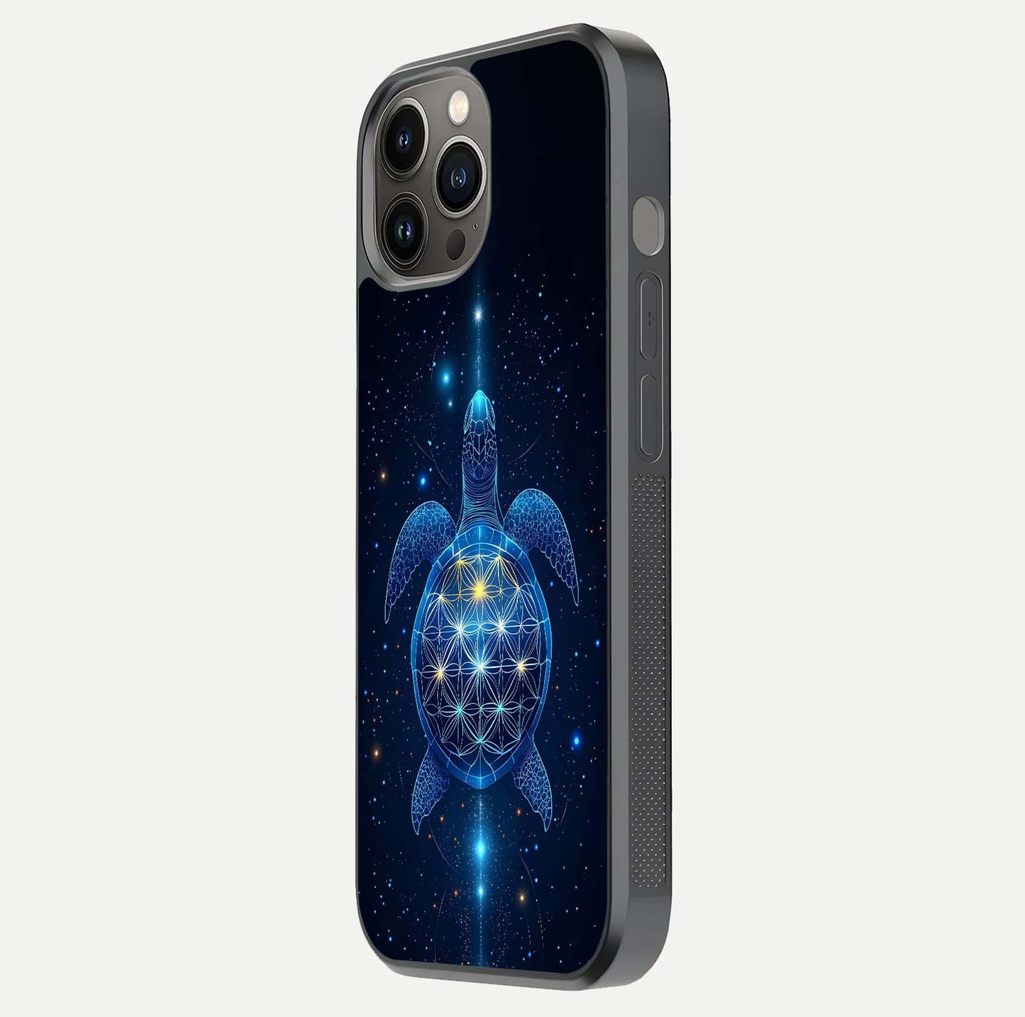 Crimson Blue Turtle Glass Case for iPhone 12 Pro Max side-angle photo showing curved edge and glass gloss