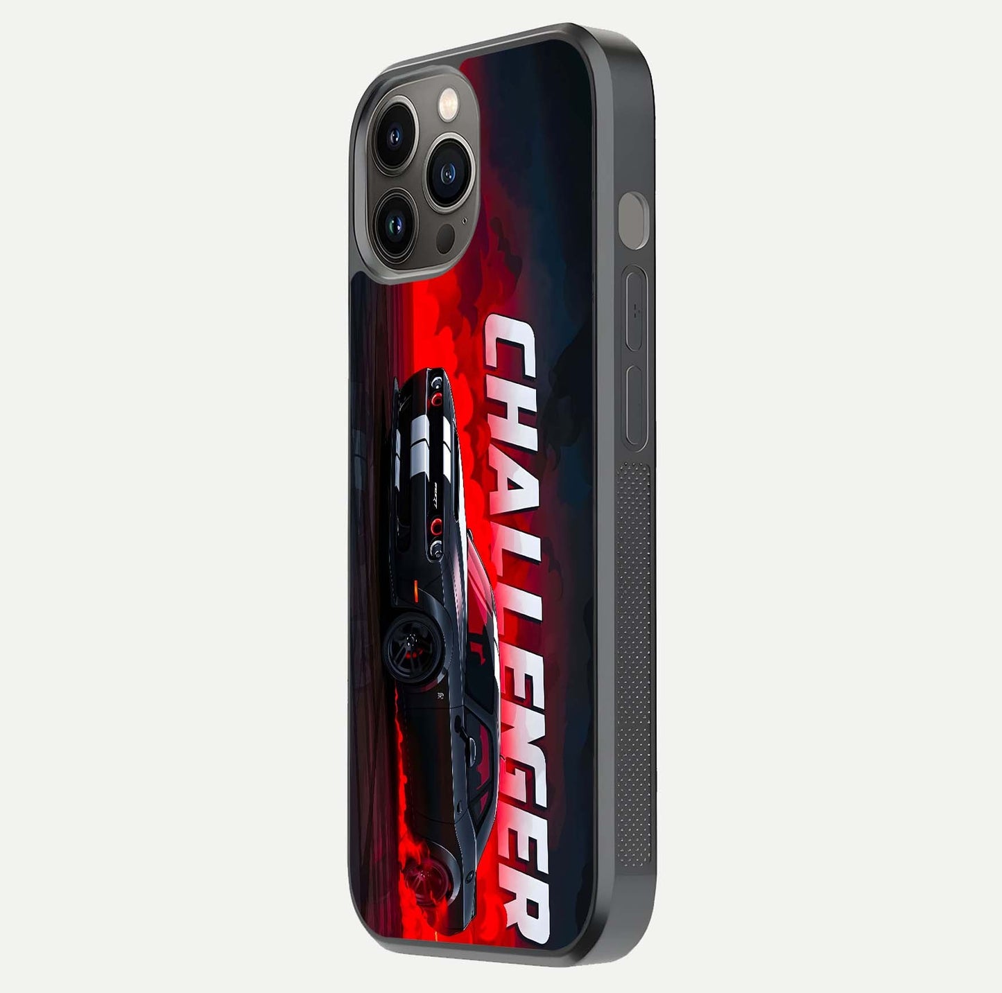 Crimson Challenger Fury Glass Case for iPhone 12 Pro Max side-angle image showing curve reflection and red finish