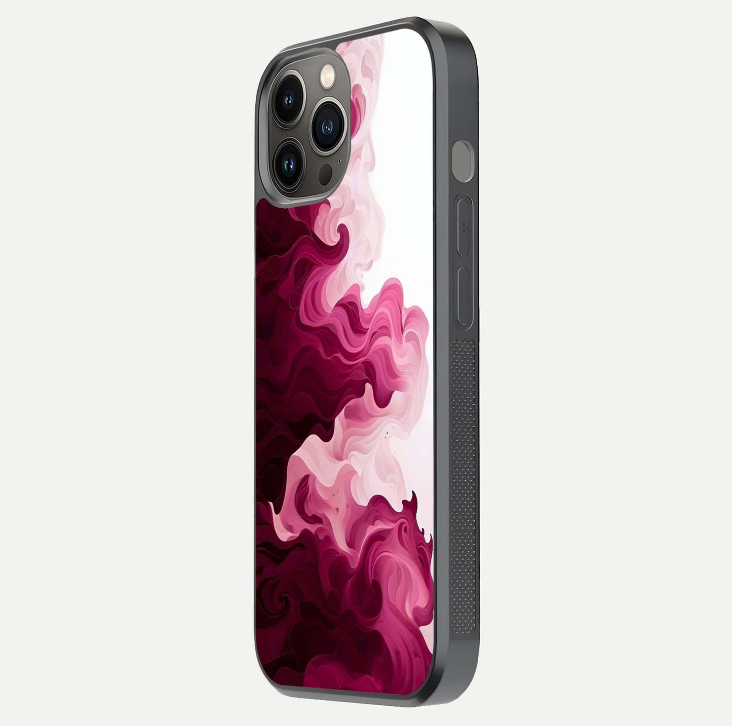 Crimson Wave Flow Glass Case for iPhone 12 Pro Max side-angle photo showing reflection glow and HD finish