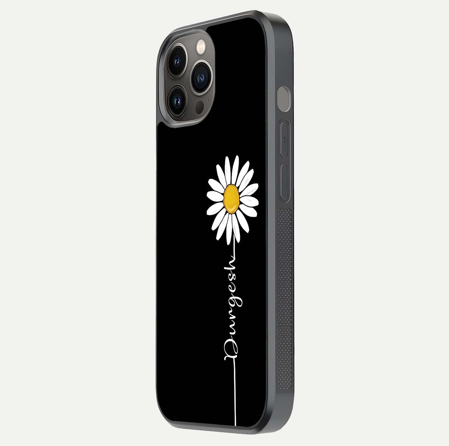 Custom Name White Flower Glass Case for iPhone 12 Pro Max side-angle photo showing reflection shine and name clarity