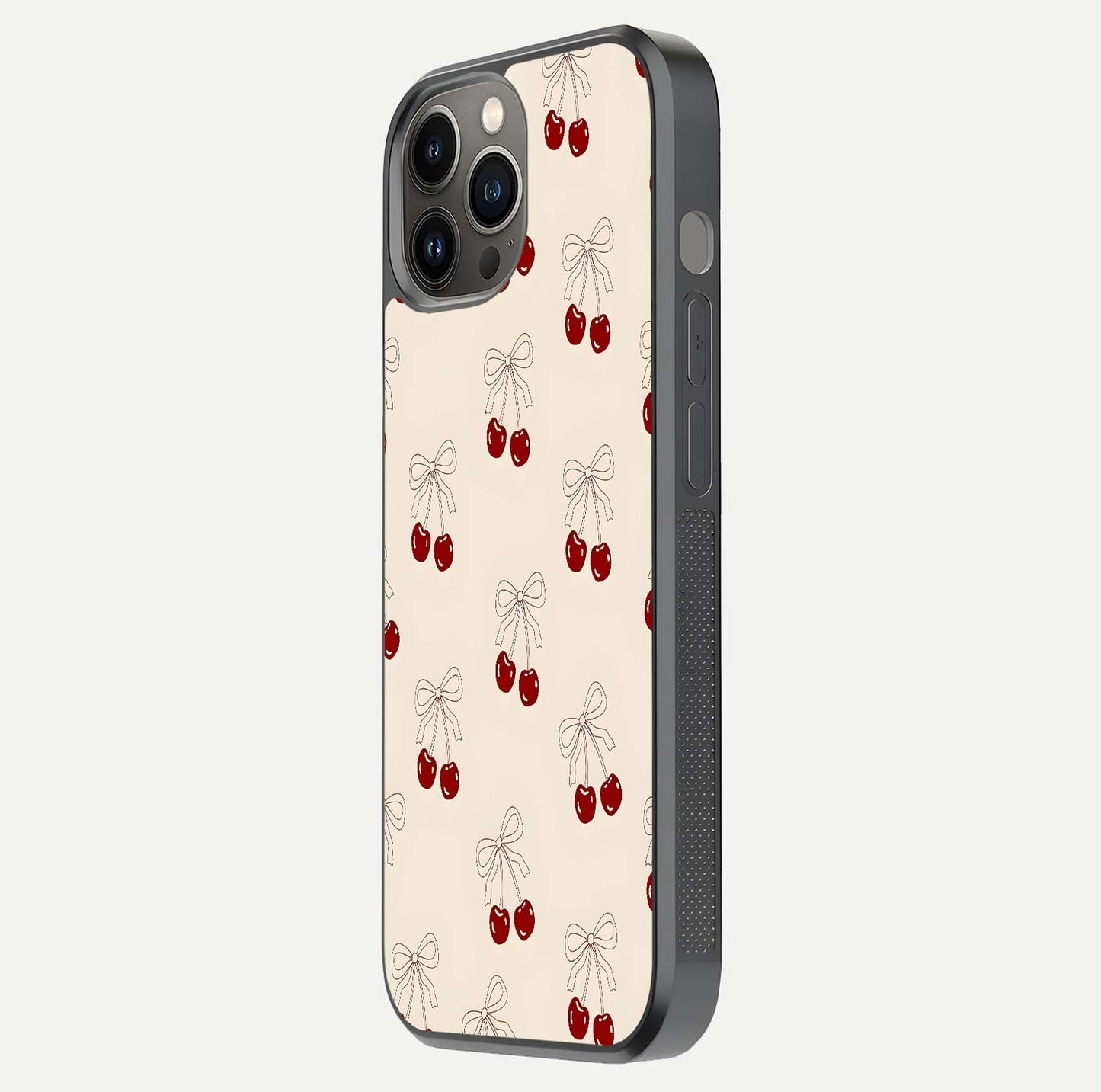 Cute Cherry Pattern Glass Case for iPhone 12 Pro Max side-angle photo highlighting gloss curve and pattern clarity