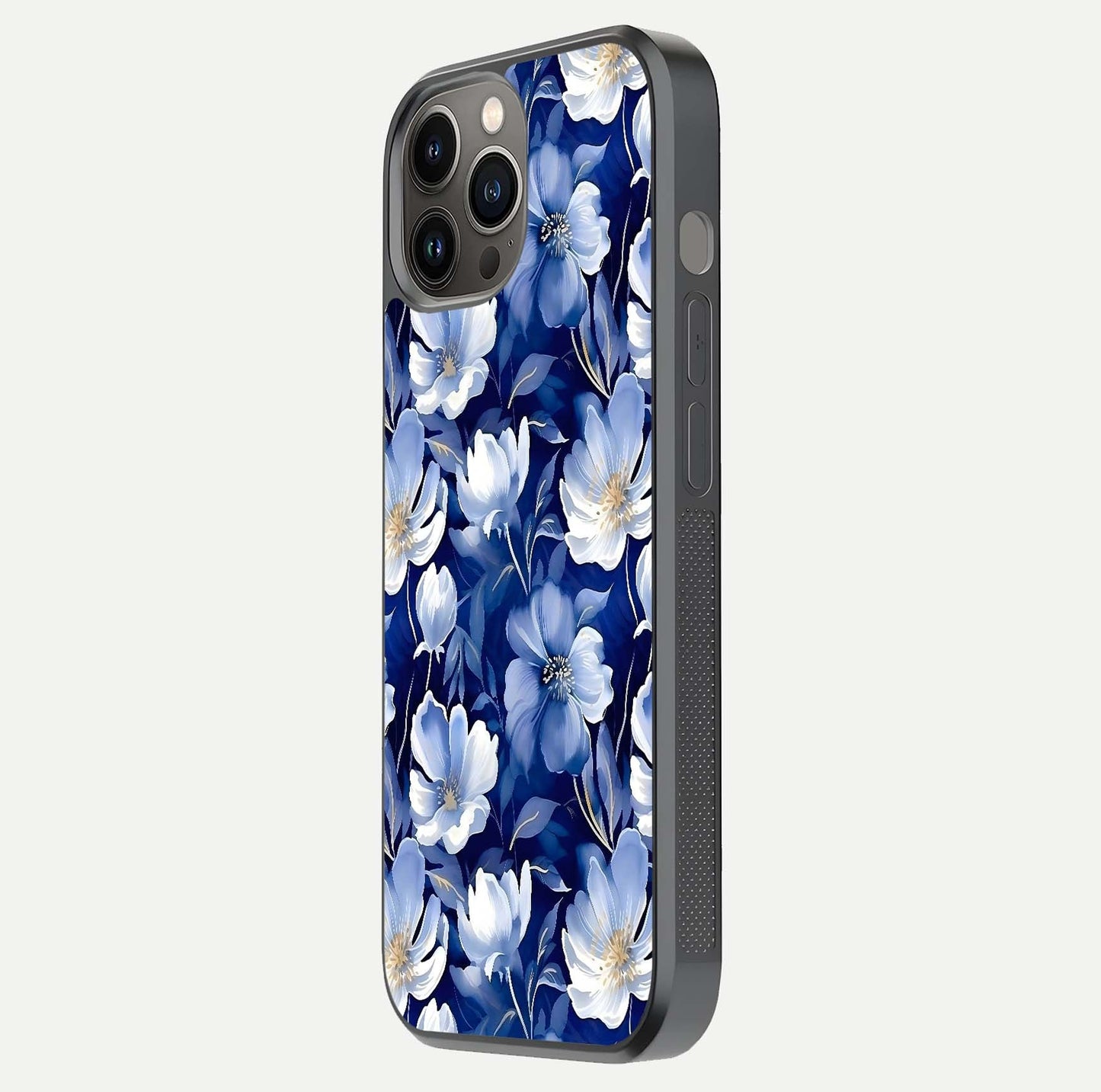 Cute Floral Patterns Glass Case for iPhone 12 Pro Max side-angle image showing polished surface and gloss tone