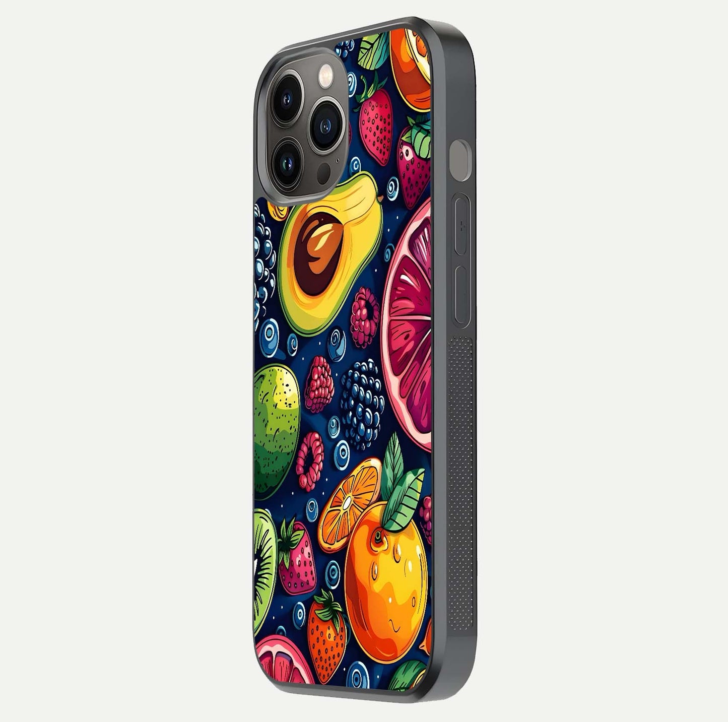 Cute Fruits Art Glass Case for iPhone 12 Pro Max side-angle photo showing reflective finish and smooth edges