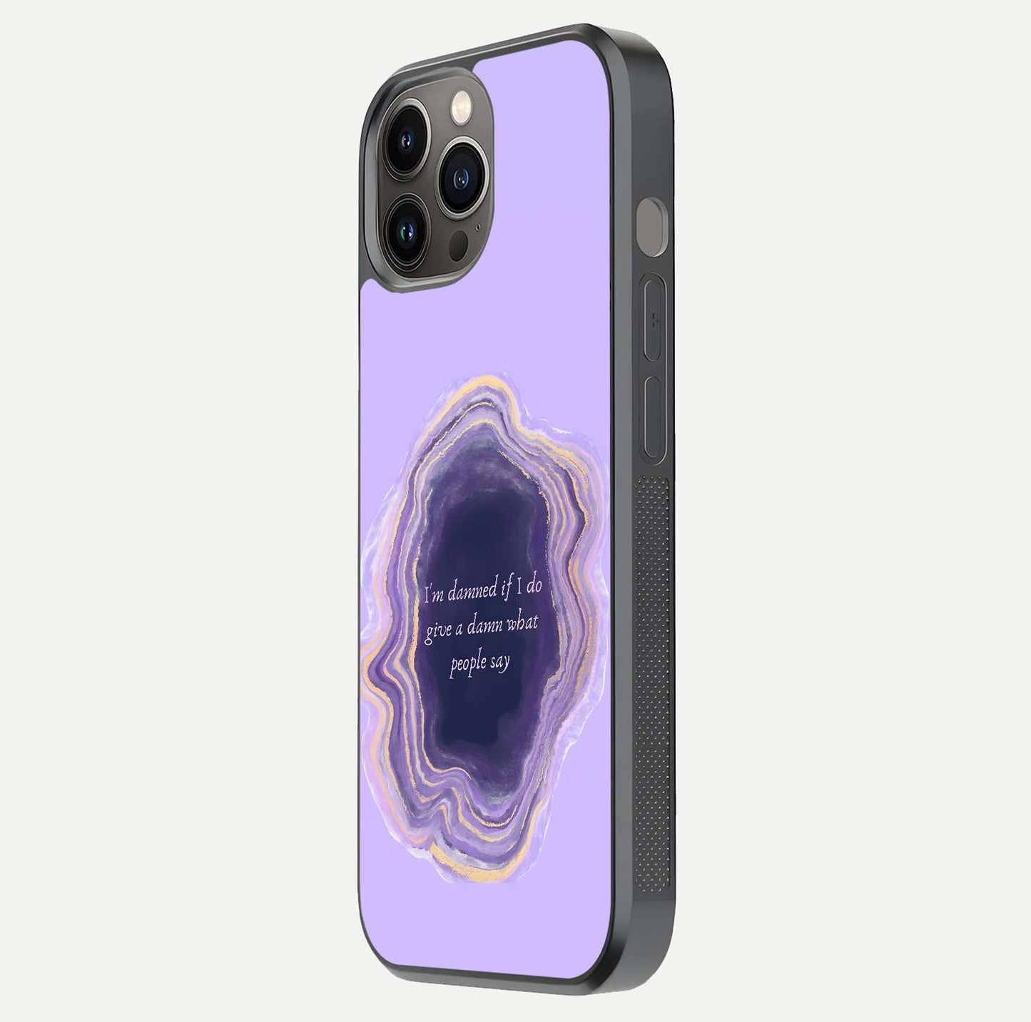 Damned People Quote Glass Case for iPhone 12 Pro Max side-angle image showing light shine and smooth edges