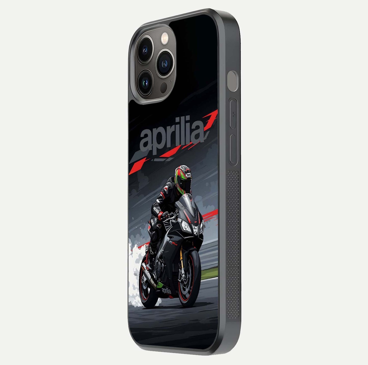 Dark Aprilla Glass Case for iPhone 12 Pro Max side-angle photo showing reflection gloss and curved edge finish