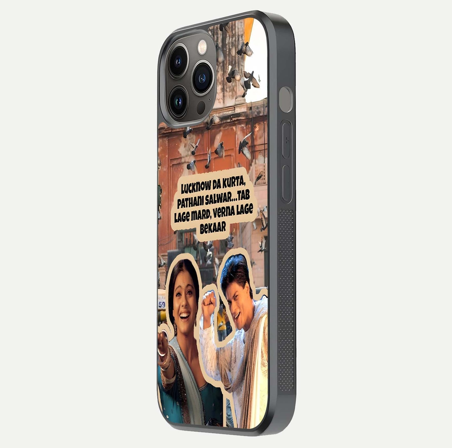 Desi Retro Vibes Glass Case for iPhone 12 Pro Max side-angle image displaying gloss texture and bold pattern