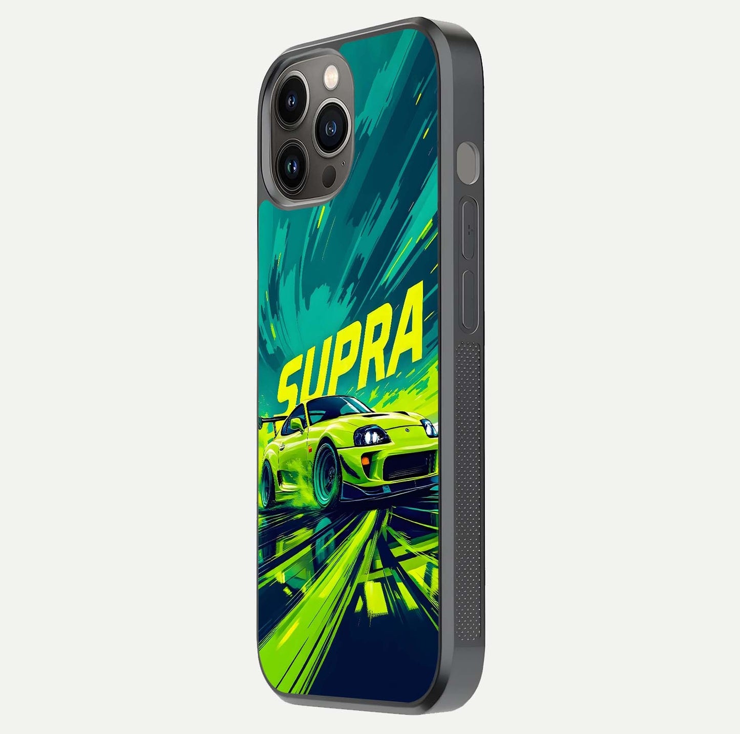 Electric Supra Thunder Glass Case for iPhone 12 Pro Max side-angle photo showing sleek car outline and reflective shine