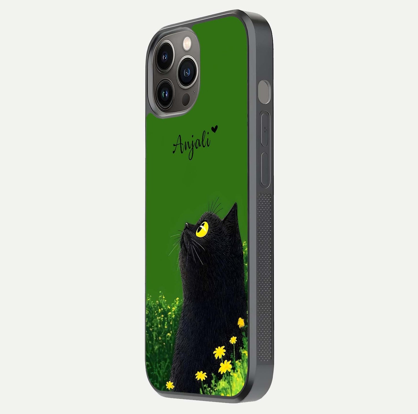 Emerald Cat Custom Name Glass Case for iPhone 12 Pro Max side-angle photo showing name clarity and glass reflection