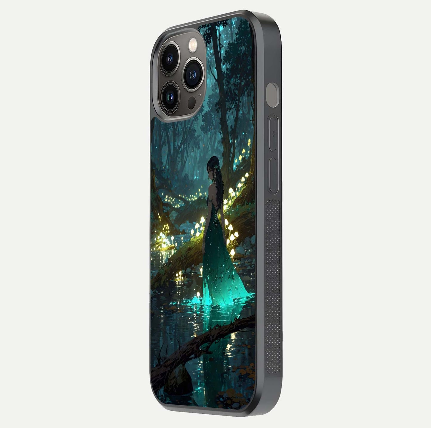 Enchanted Forest Glow Glass Case for iPhone 12 Pro Max side-angle image capturing shine reflection and rich detail