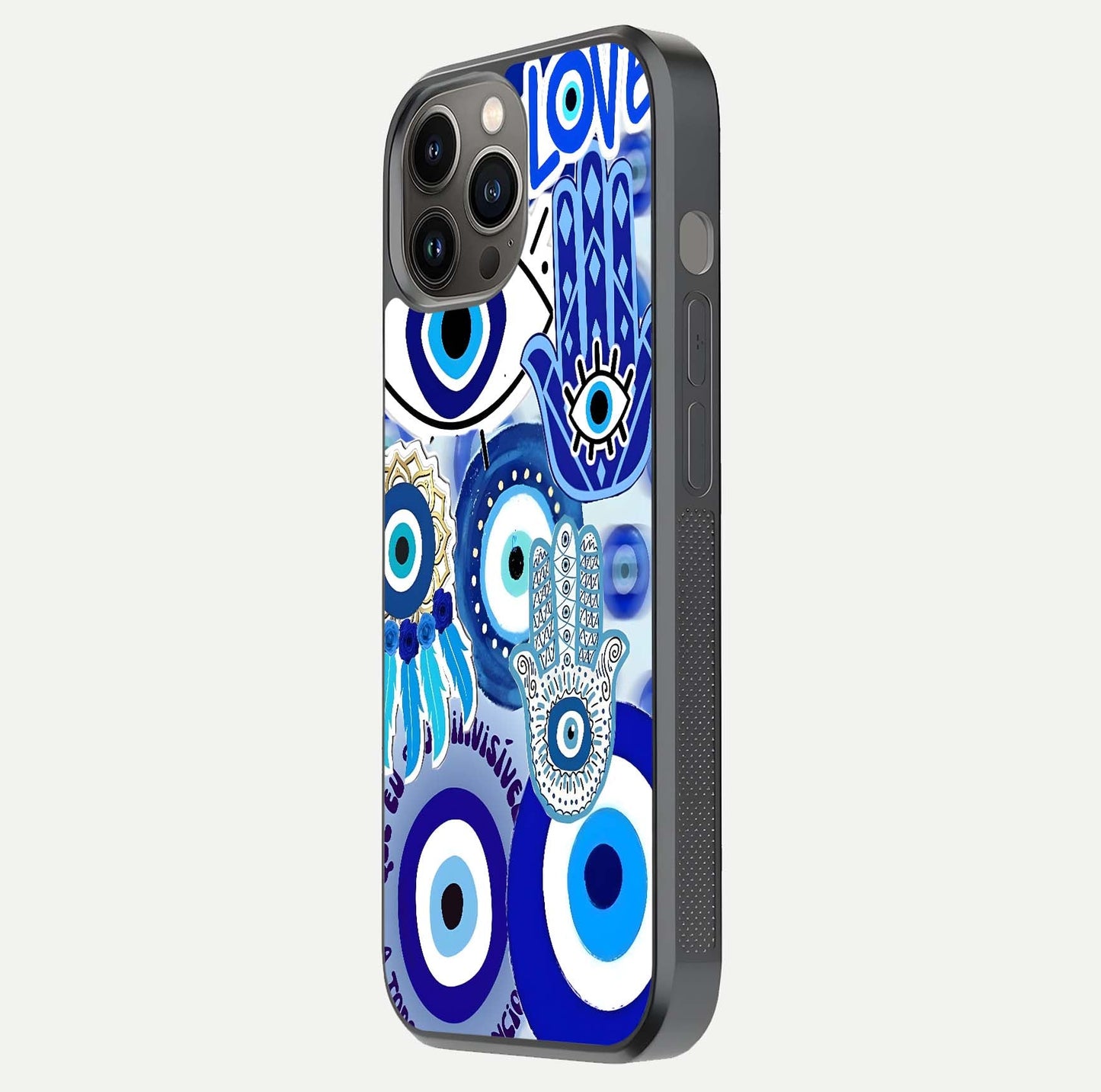 Evil Eyes Dream Glass Case for iPhone 12 Pro Max side-angle photo capturing smooth edges and reflective texture