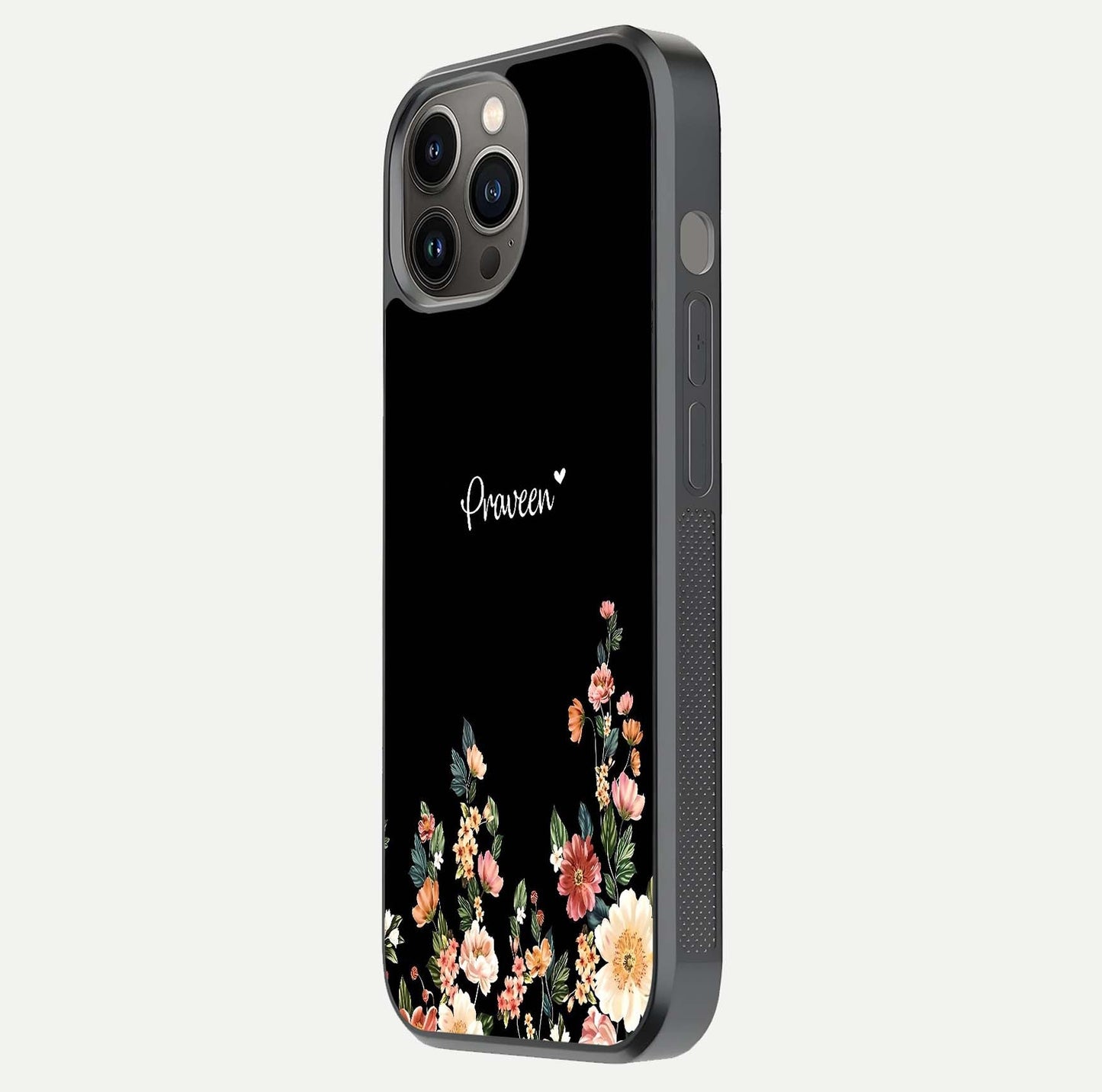 Floral Design Personalized Custom Name Glass Case for iPhone 12 Pro Max side-angle image showing name alignment and gloss shine
