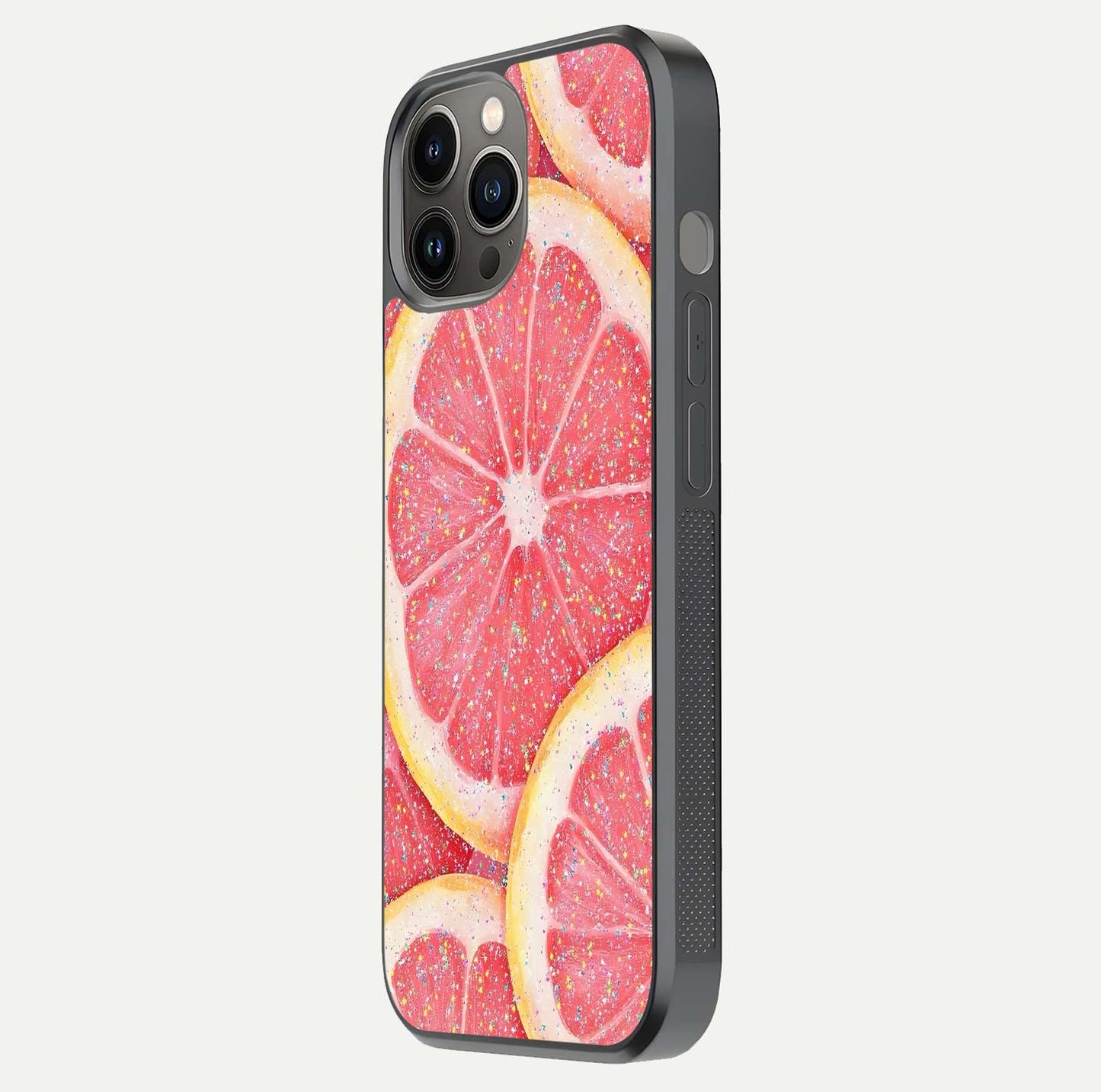 Glitter Grapefruit Glass Case for iPhone 12 Pro Max side-angle image showing reflection glow and polished edges