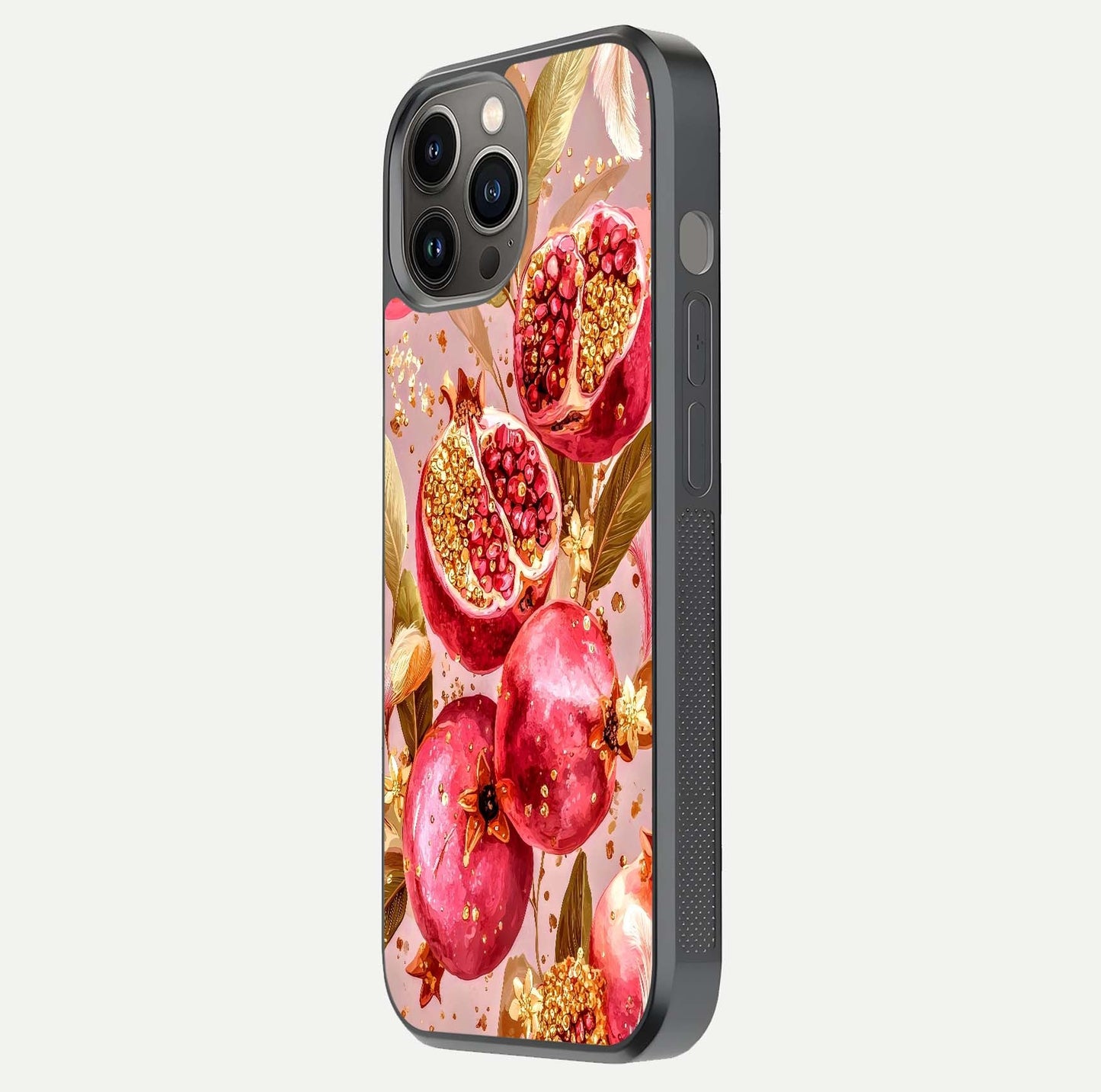 Golden Bloom Glow Glass Case for iPhone 12 Pro Max side-angle image showing light reflection, gloss texture, and rich tone