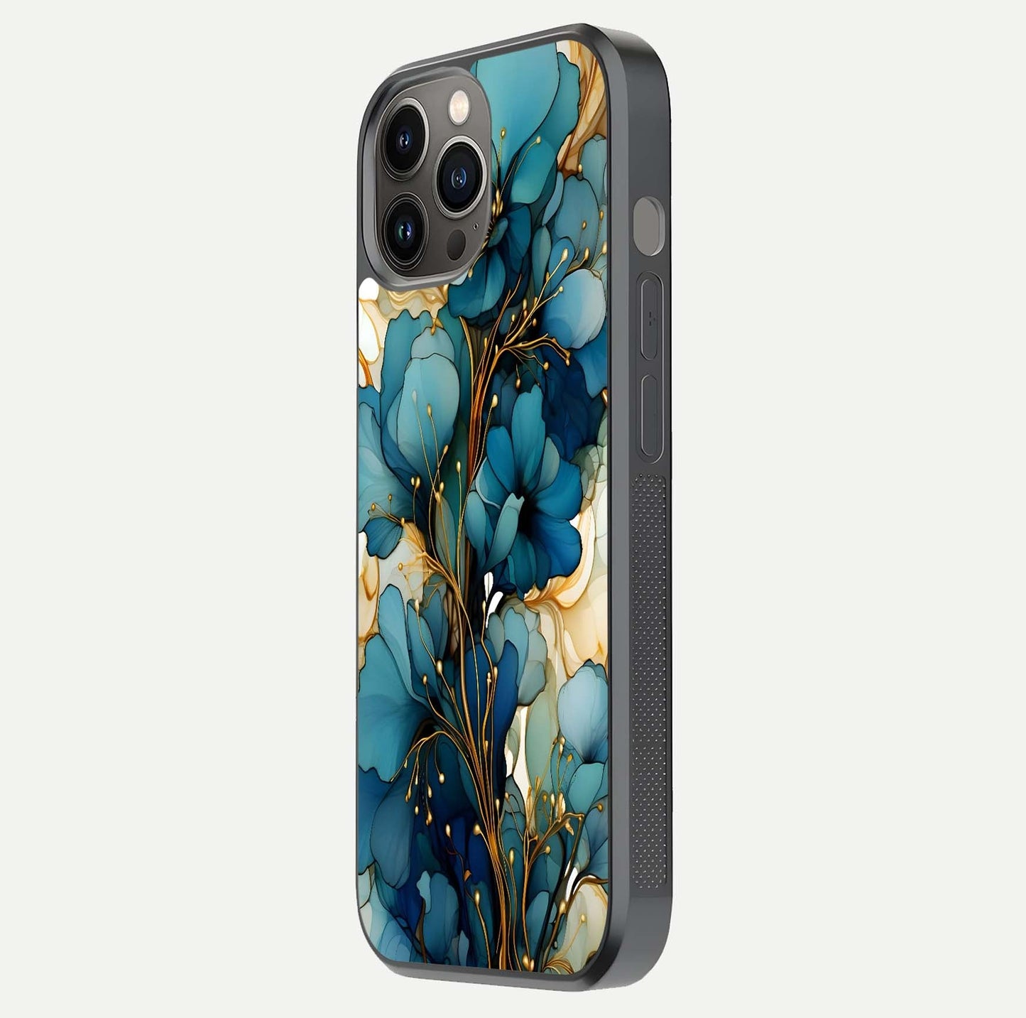 Golden Bloom Symphony Glass Case for iPhone 12 Pro Max side-angle image showing golden glow, light reflection, and premium surface
