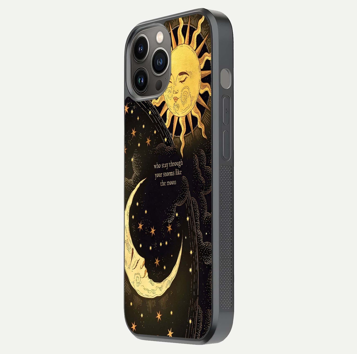 Golden Lunar Love Glass Case for iPhone 12 Pro Max side-angle image showing reflection brilliance and smooth golden tone