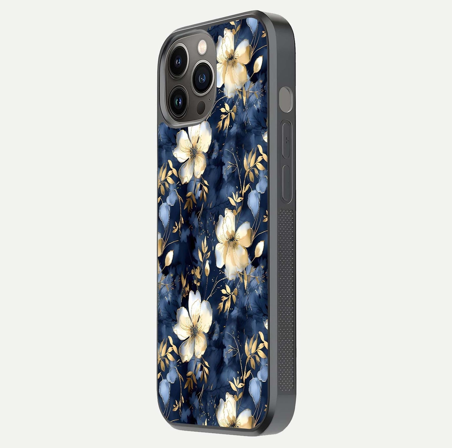 Golden Midnight Bloom Glass Case for iPhone 12 Pro Max side-angle image showing shine depth and elegant edge design